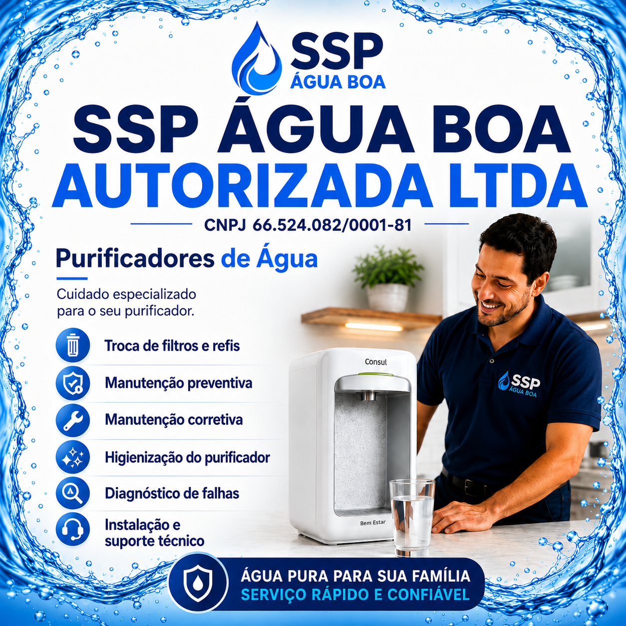 SSP Água Boa Autorizada LTDA com CNPJ, purificadores de água e serviços especializados
